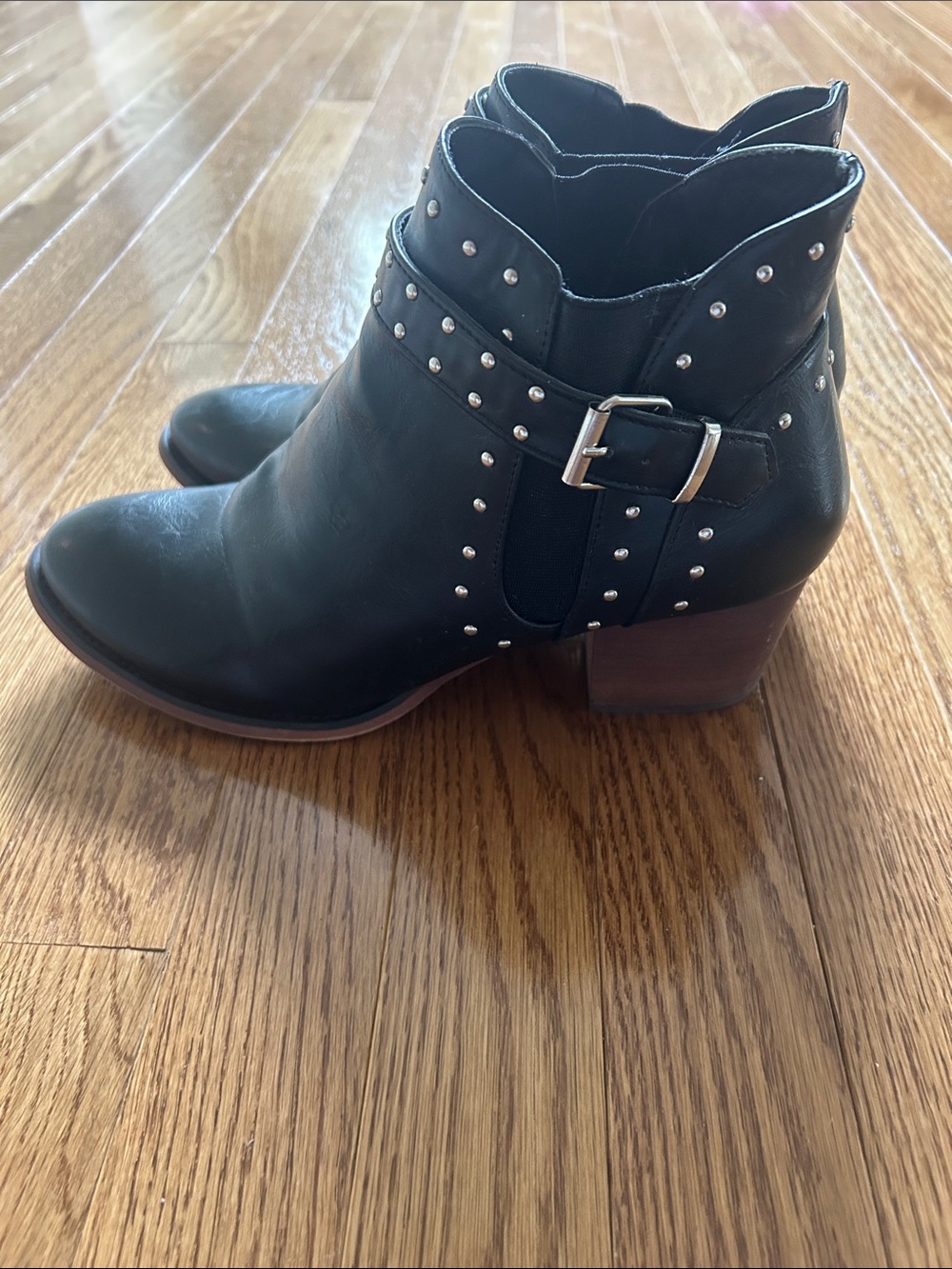 Olivia Miller Studded Black Leather Ankle Boots with Buckle